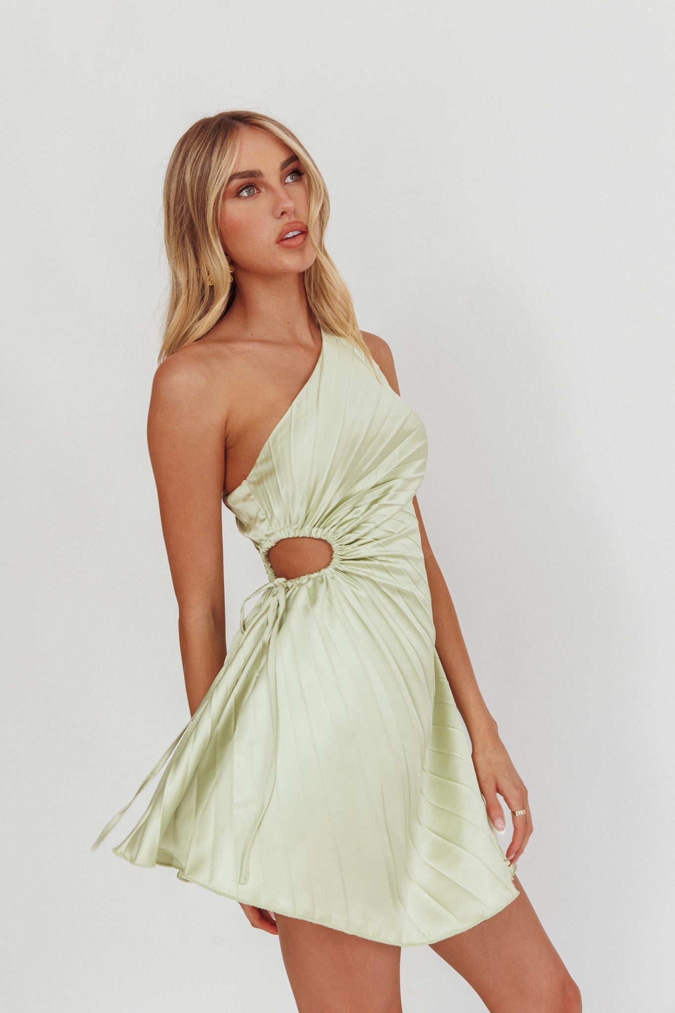 Glow Ray One-Shoulder Pleat Dress Apple by Selfie Leslie