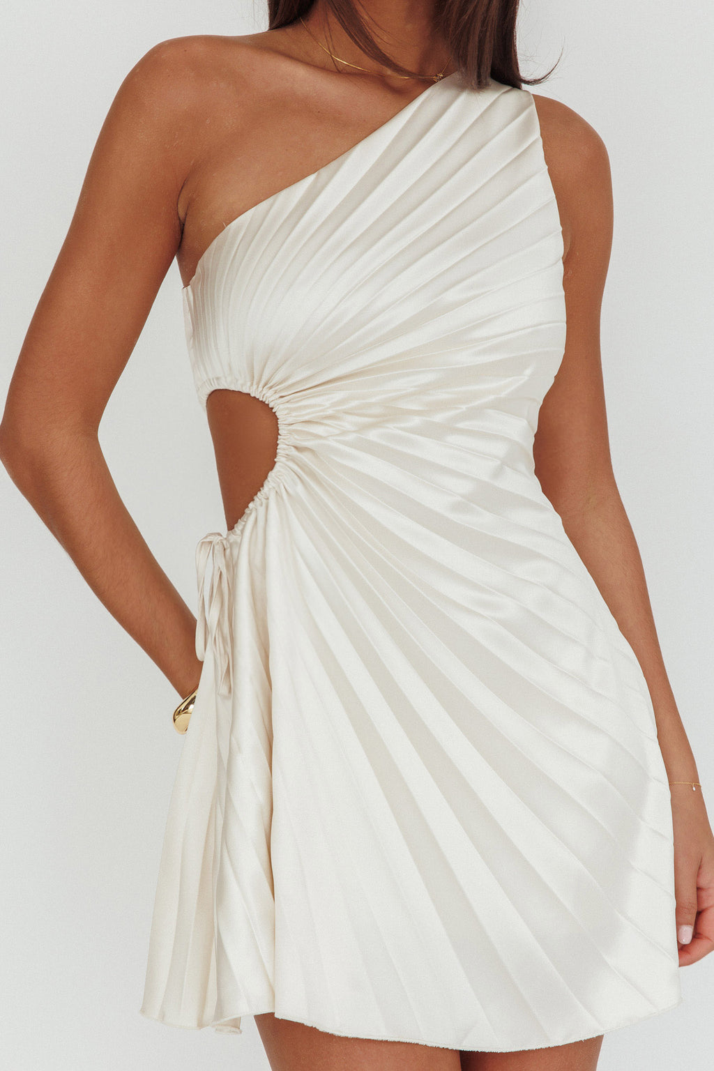 Glow Ray One-Shoulder Pleat Dress Champagne by Selfie Leslie