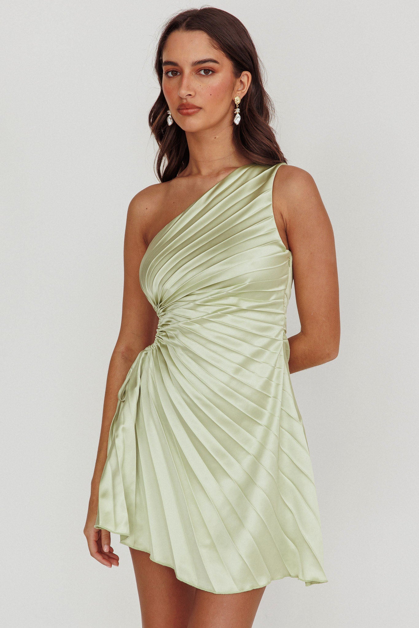 Glow Ray One-Shoulder Pleat Dress Apple by Selfie Leslie
