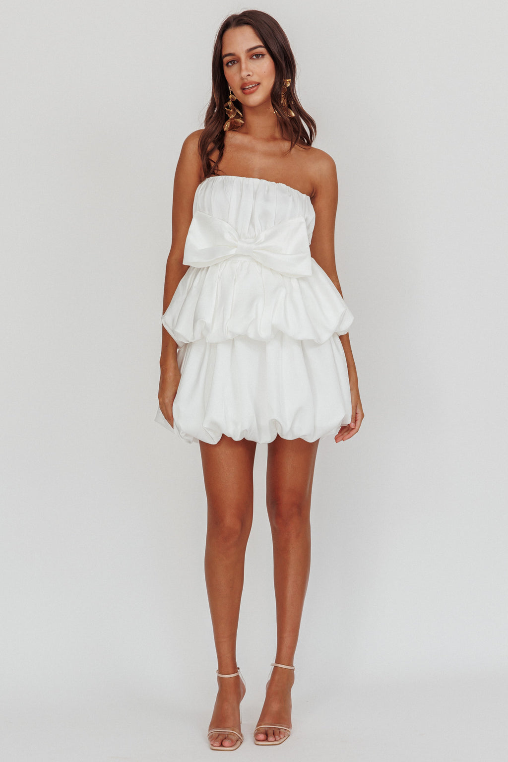 Carmelita Tiered Bubble Bow Mini Dress Off White by Selfie Leslie
