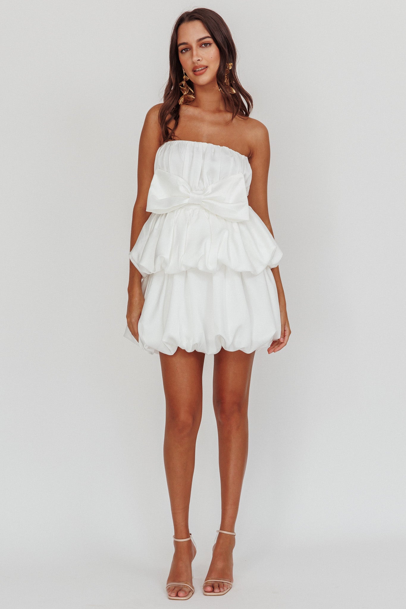 Carmelita Tiered Bubble Bow Mini Dress Off White by Selfie Leslie