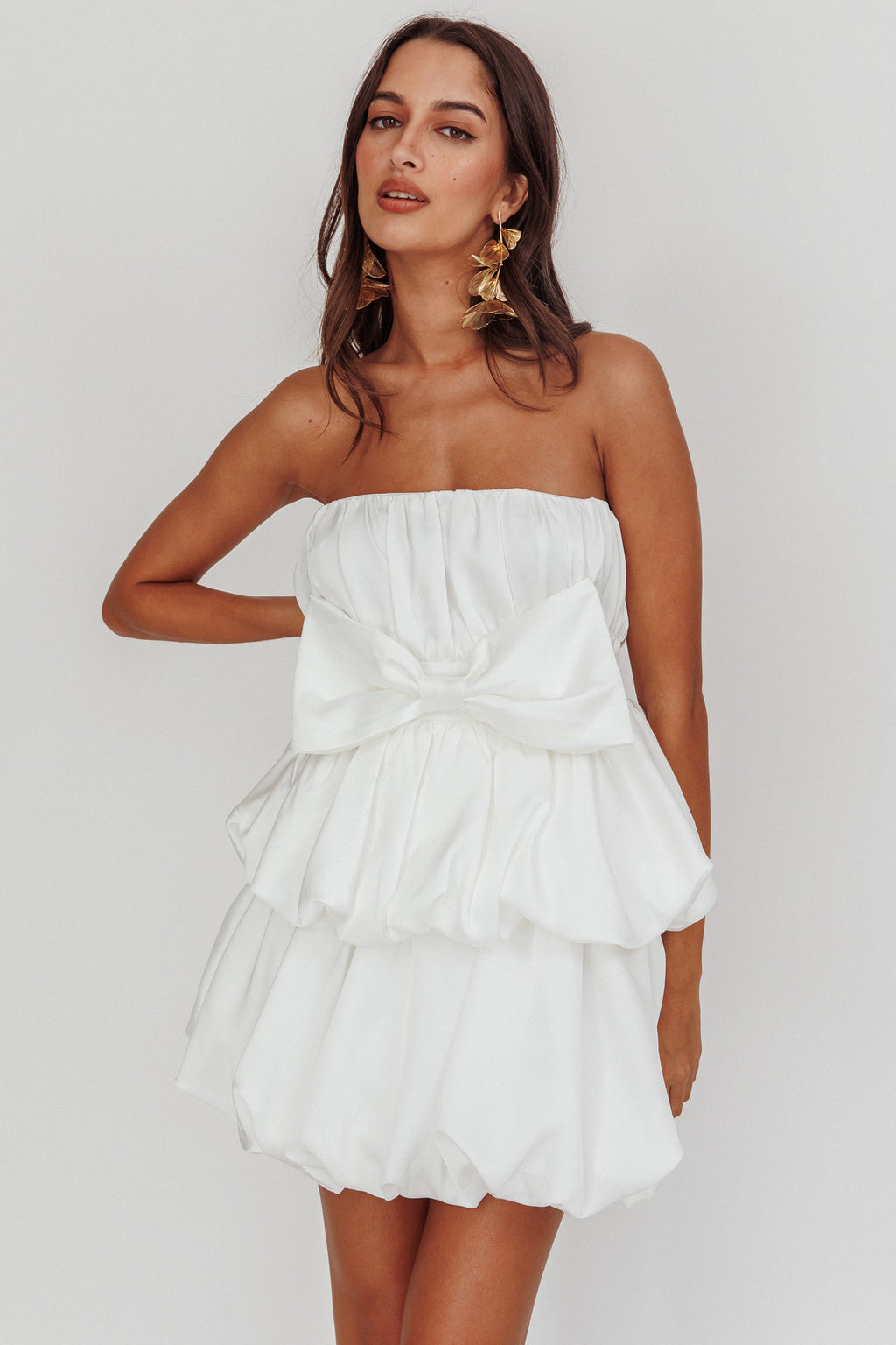 Carmelita Tiered Bubble Bow Mini Dress Off White by Selfie Leslie