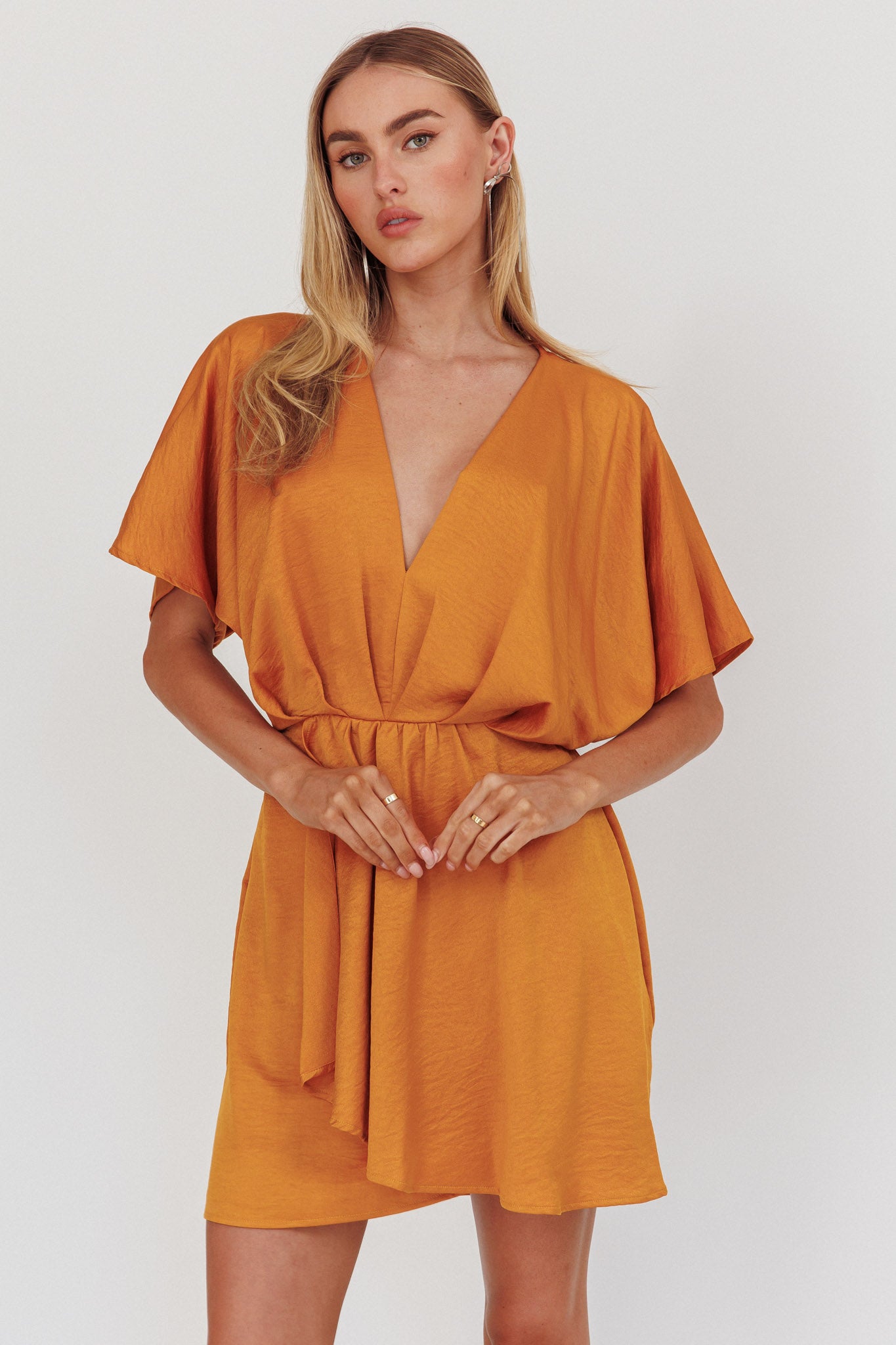 Lunisolar Flutter Sleeve Mini Dress Mustard by Selfie Leslie