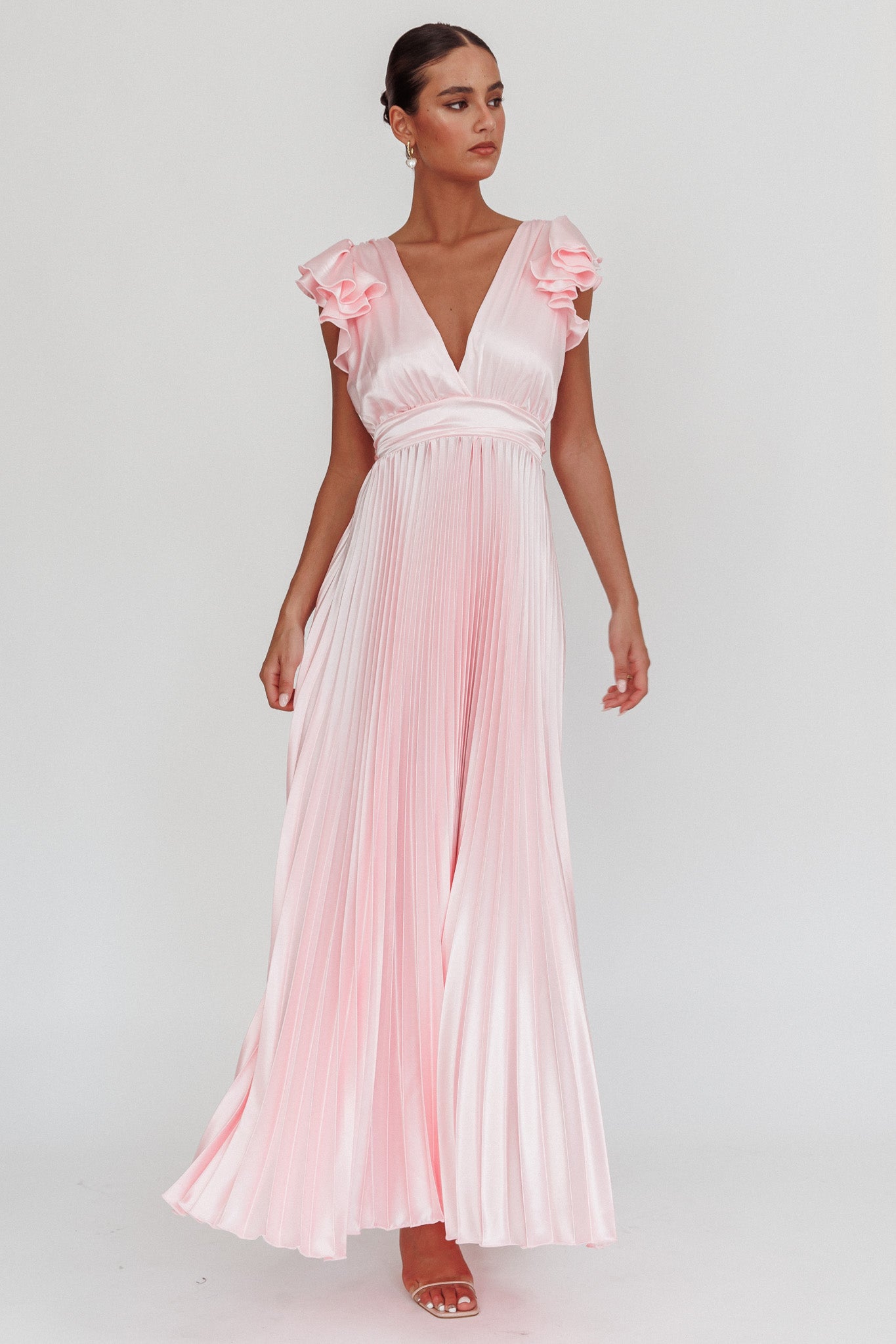 Enchantment Ruffle Sleeve Pleat Maxi Dress Pink by Selfie Leslie