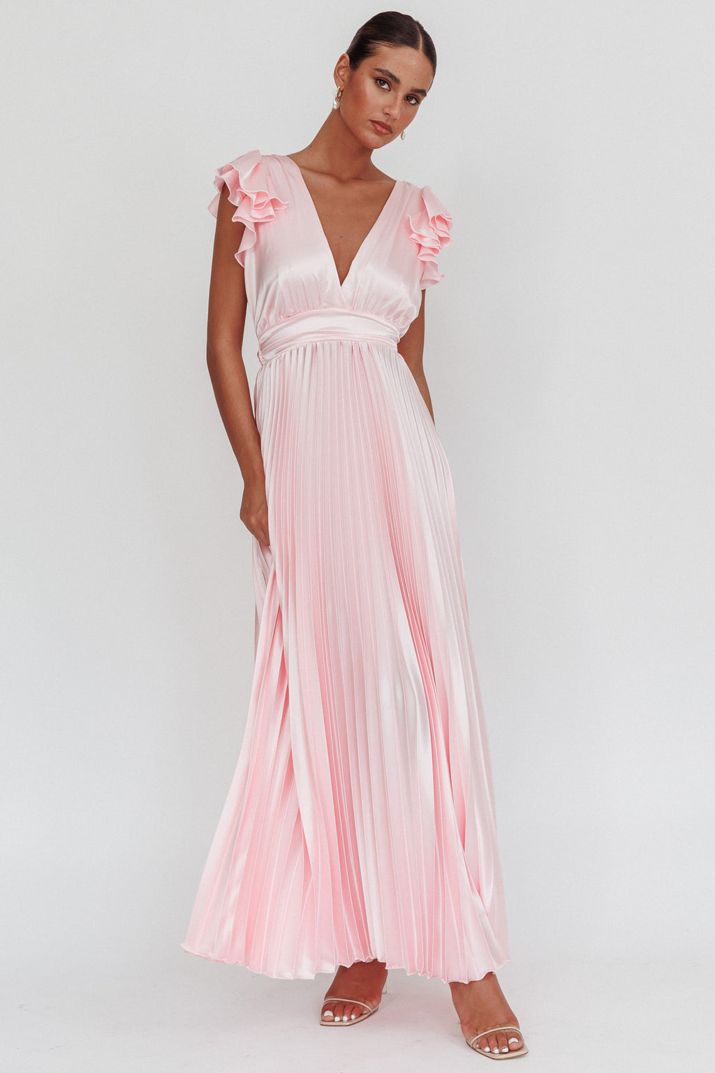 Enchantment Ruffle Sleeve Pleat Maxi Dress Pink by Selfie Leslie