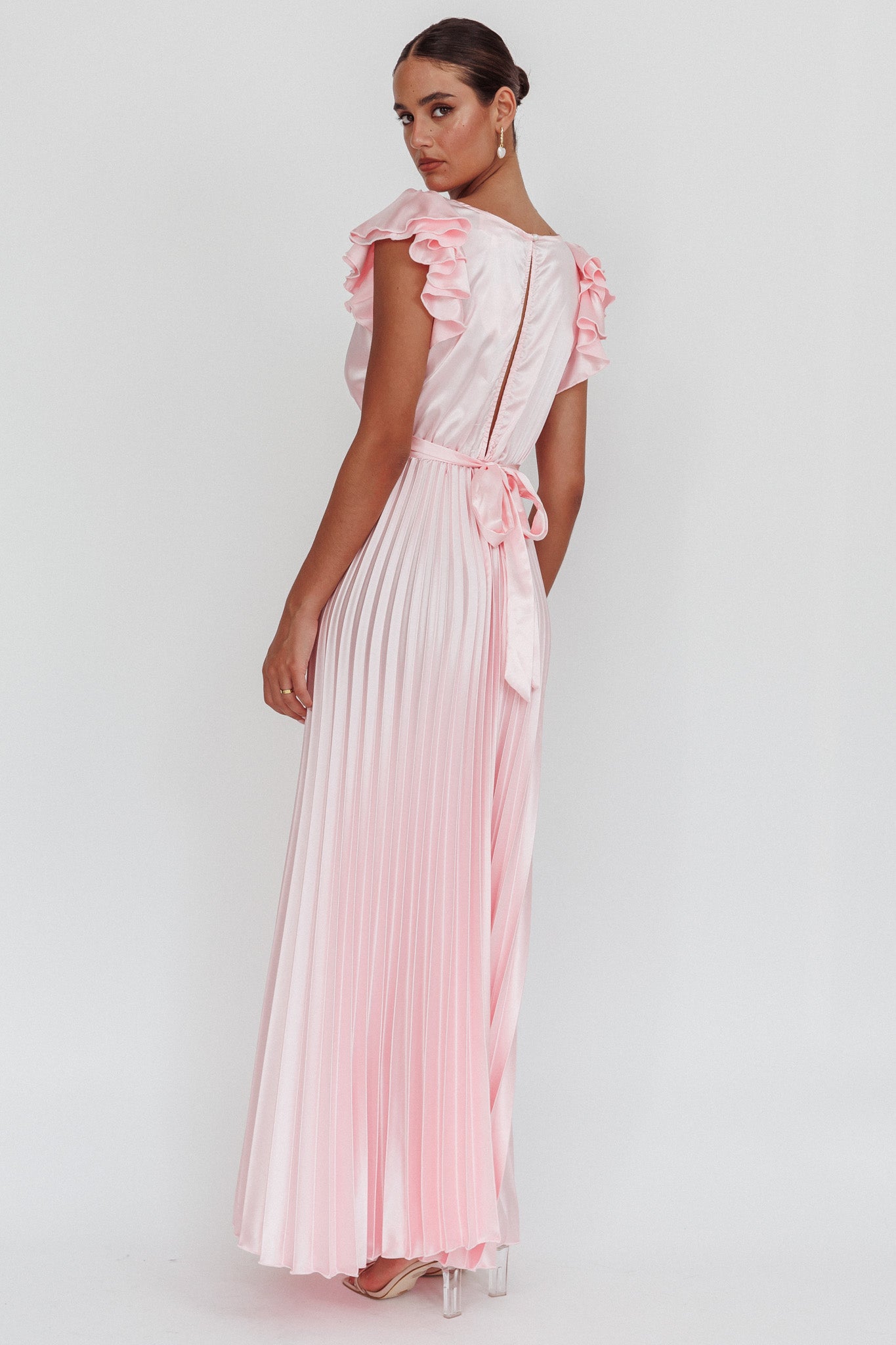 Enchantment Ruffle Sleeve Pleat Maxi Dress Pink by Selfie Leslie
