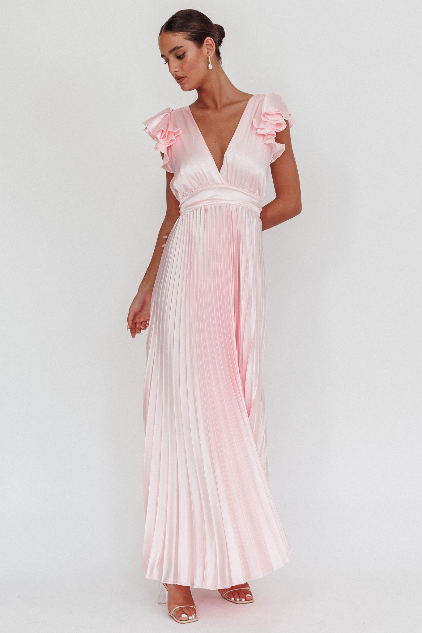 Enchantment Ruffle Sleeve Pleat Maxi Dress Pink by Selfie Leslie