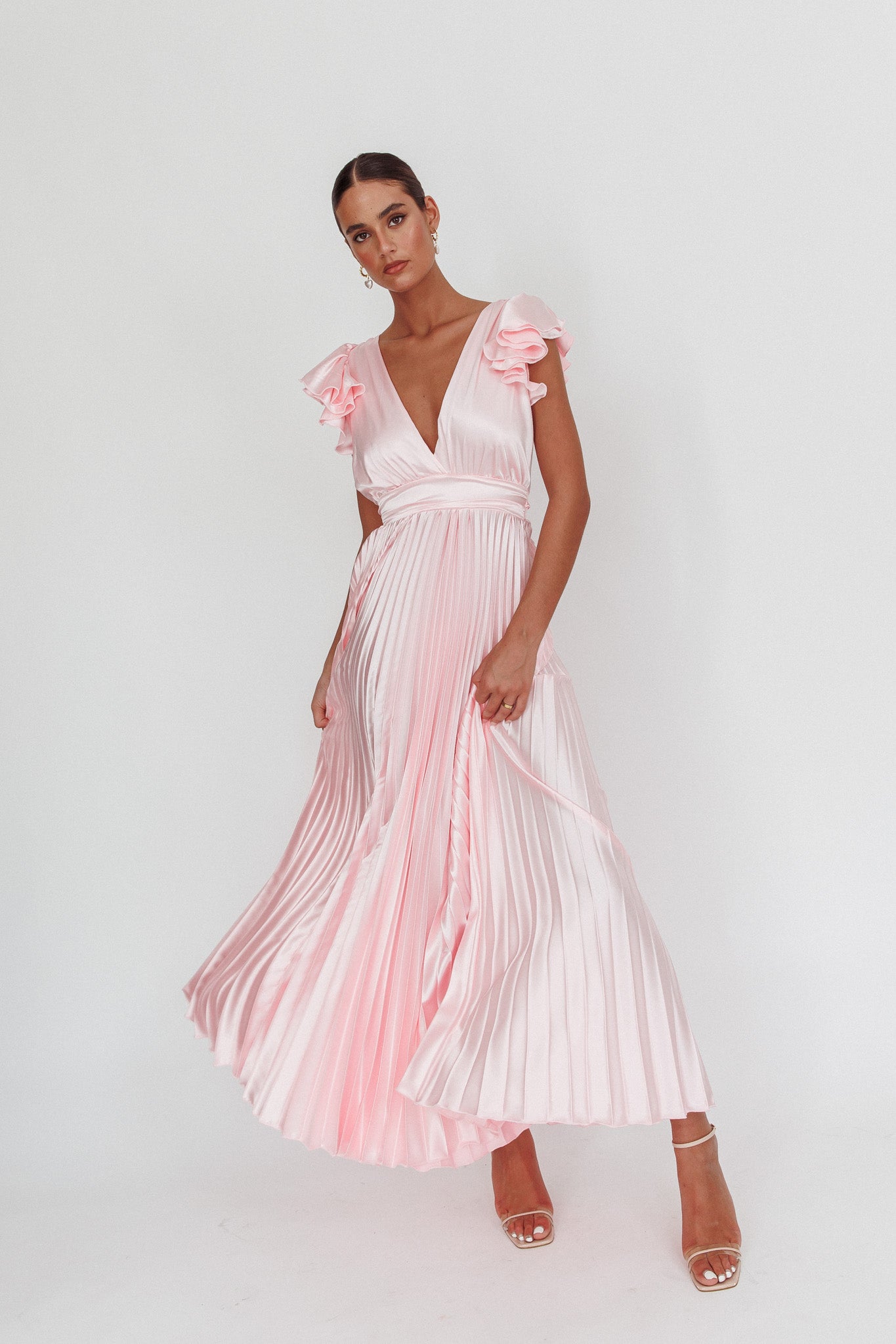 Enchantment Ruffle Sleeve Pleat Maxi Dress Pink Enchantment Ruffle Sleeve Pleat Maxi Dress Pink