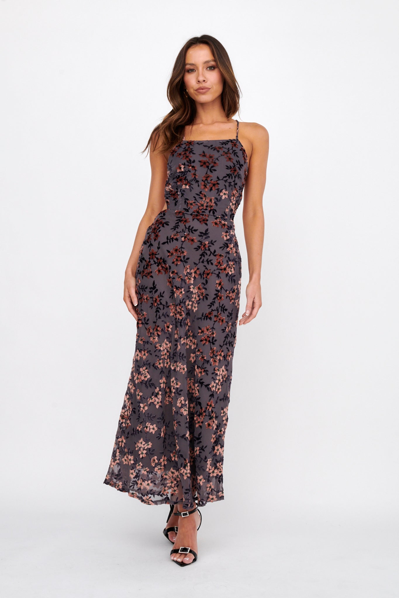 Alexandria Open Back Velour Floral Midi Dress Black/Orange by Selfie Leslie