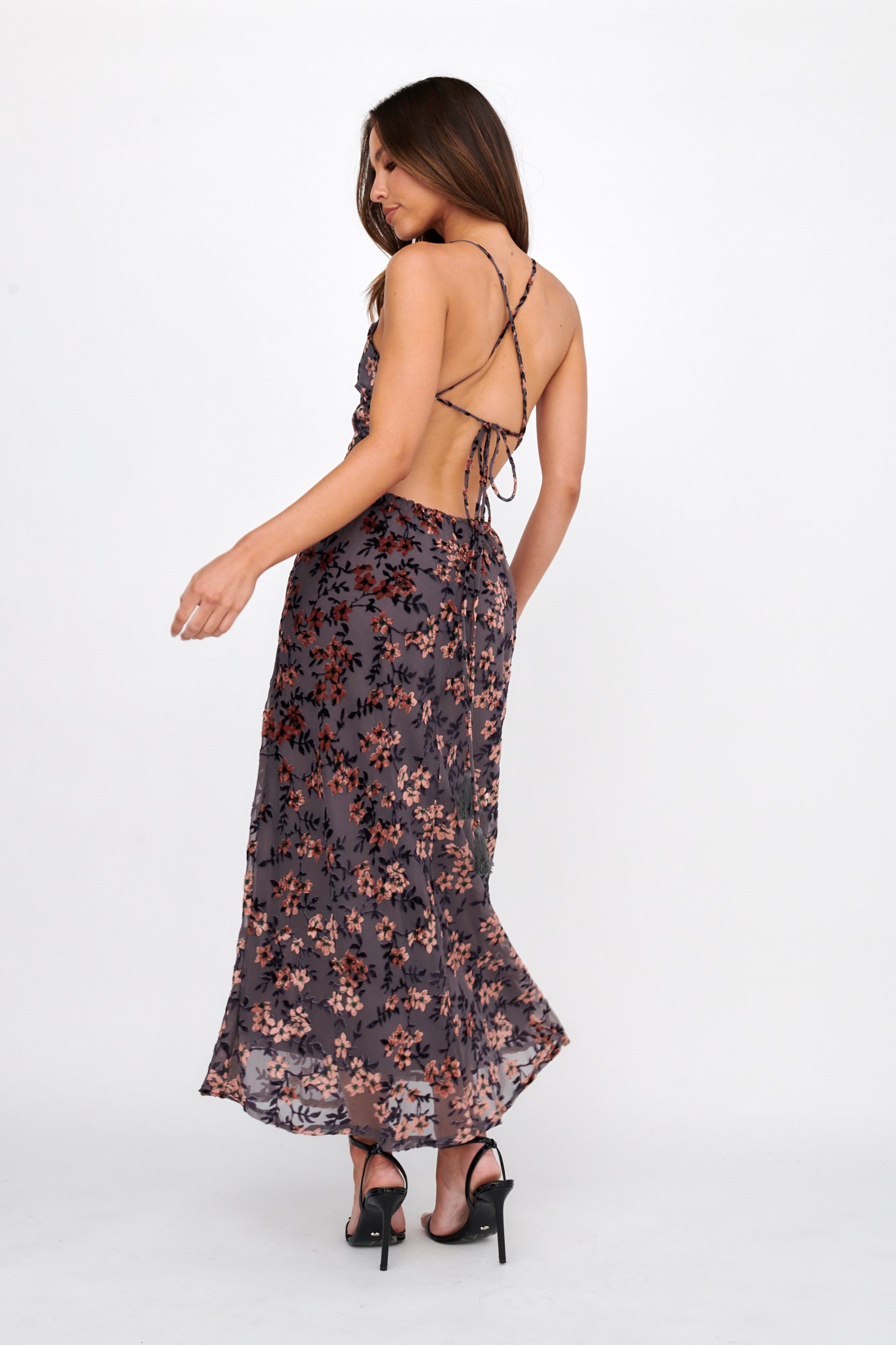 Alexandria Open Back Velour Floral Midi Dress Black/Orange by Selfie Leslie