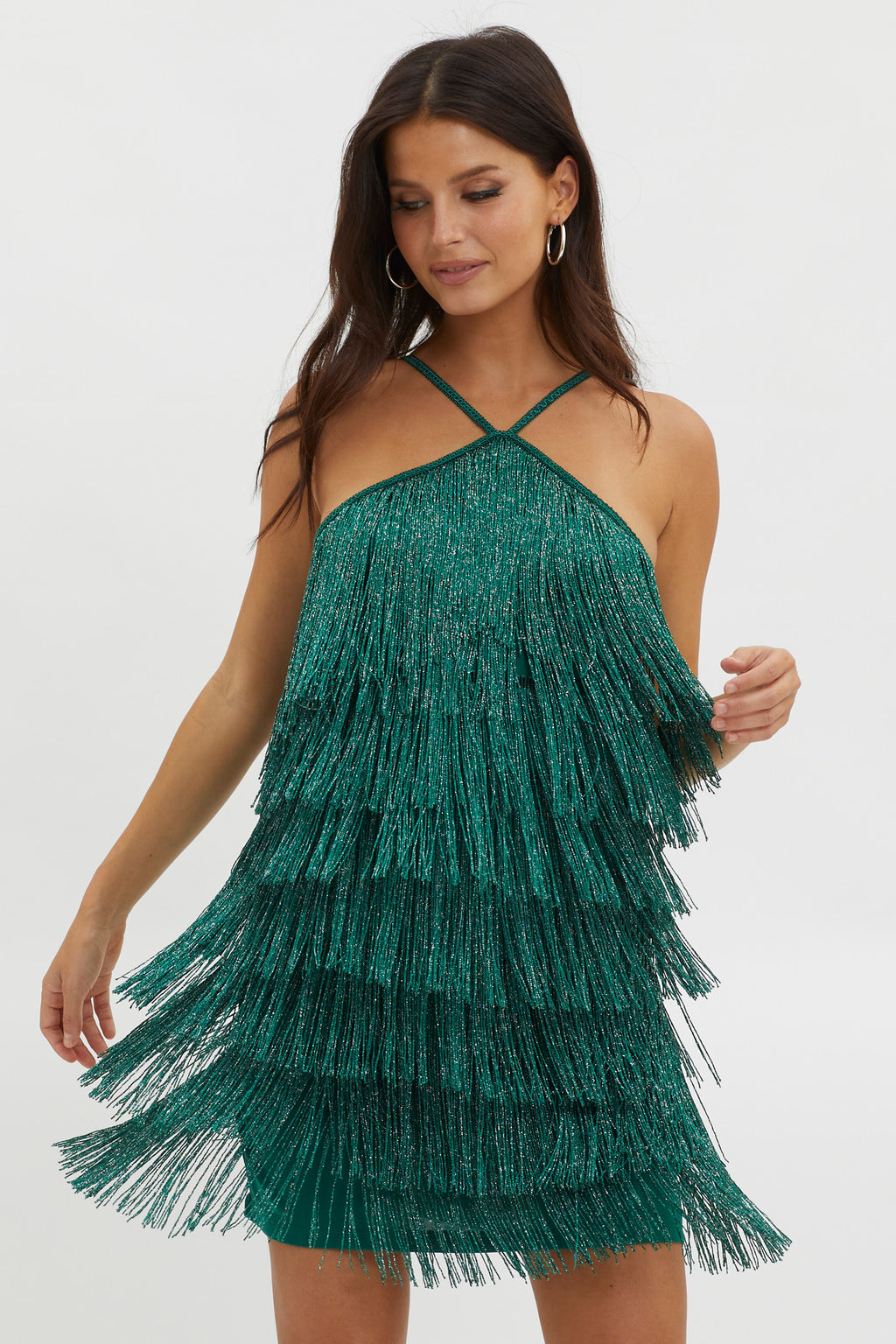 Boulevarde Fringe Trim Mini Dress Dark Green by Selfie Leslie