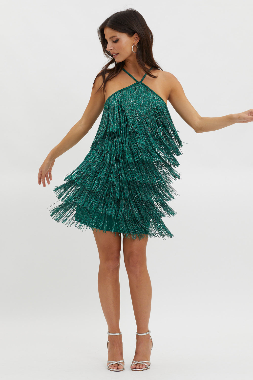 Boulevarde Fringe Trim Mini Dress Dark Green Boulevarde Fringe Trim Mini Dress Dark Green