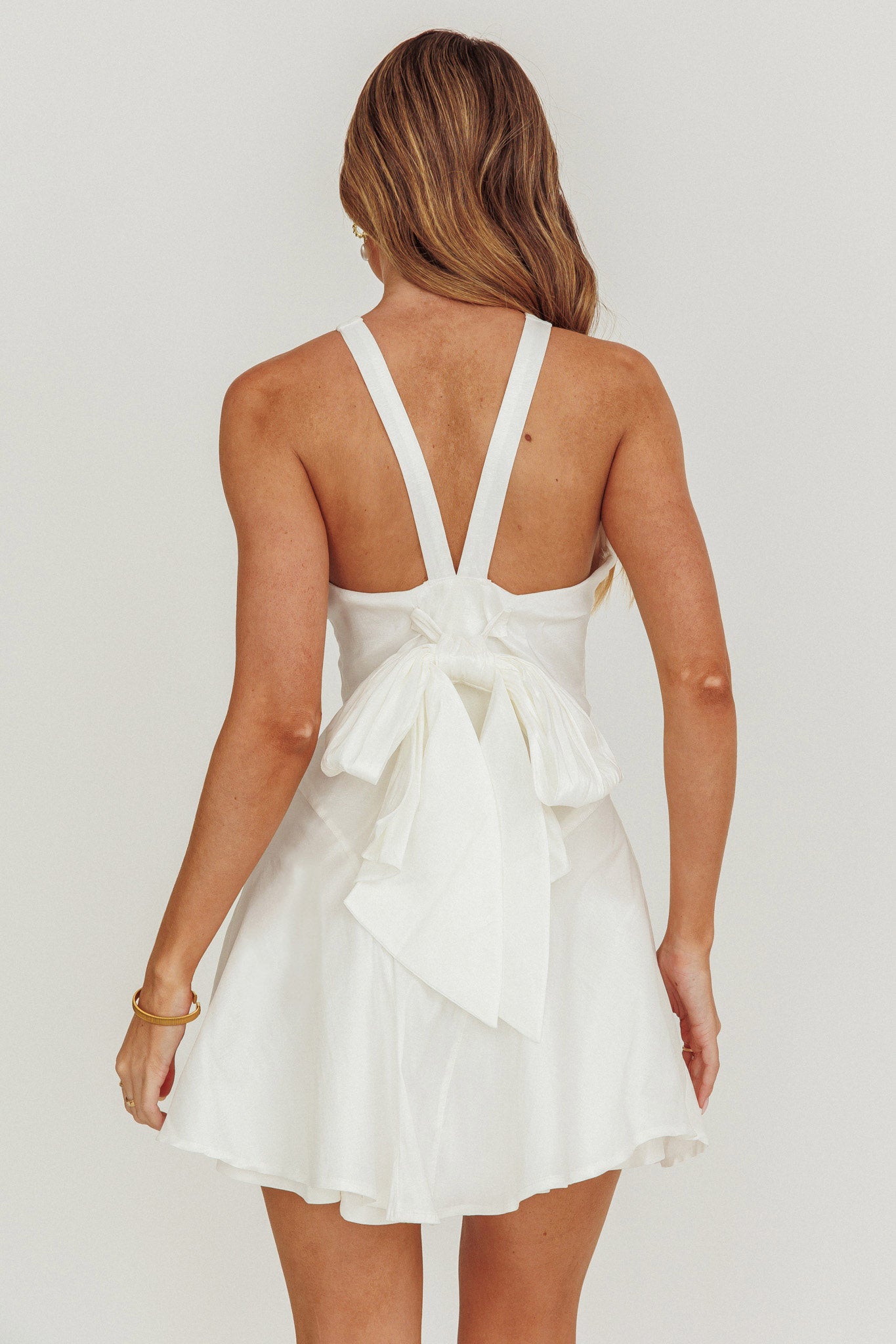 blissfully beaming white sleeveless bow mini dress White Mini Dress - Bachelorette Party Dress - White Bow Dress