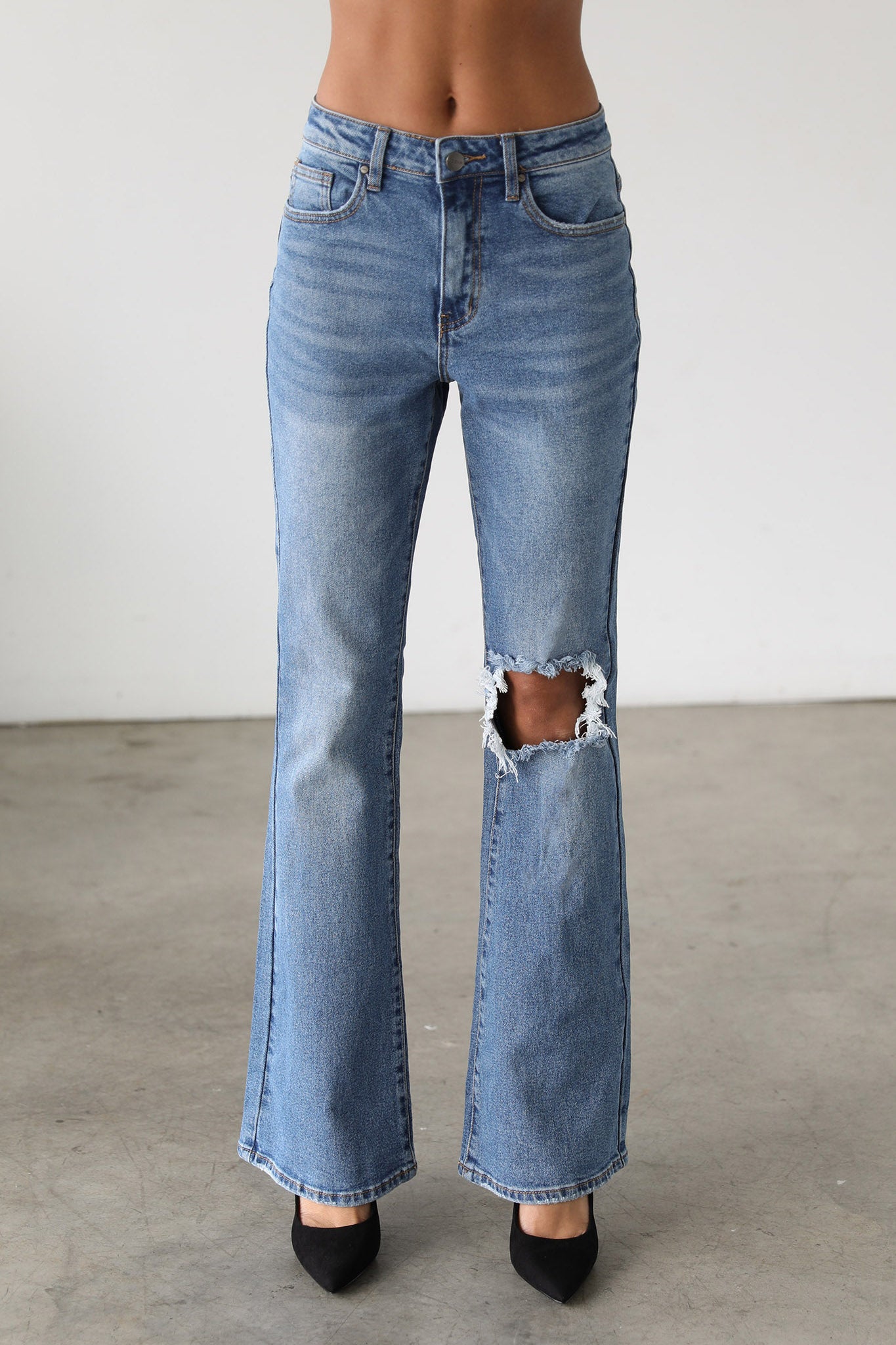 DOGMA High Rise Flare Leg Denim Jeans Medium Wash by Selfie Leslie