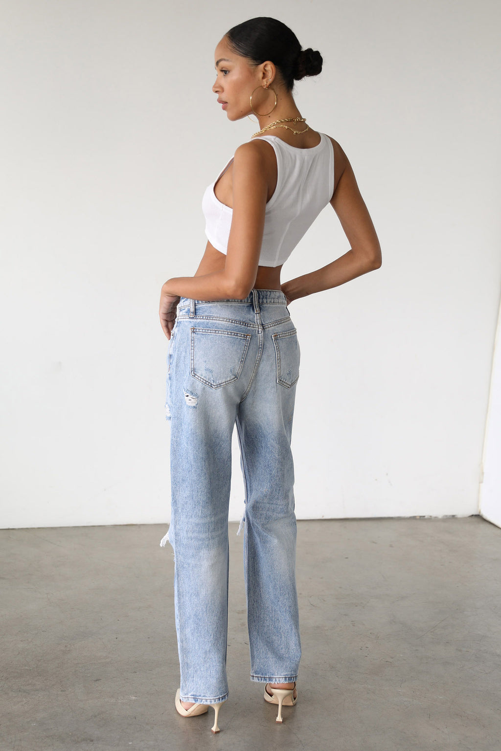 DOGMA High Rise Straight Leg Denim Jeans Distressed Light Wash by Selfie Leslie