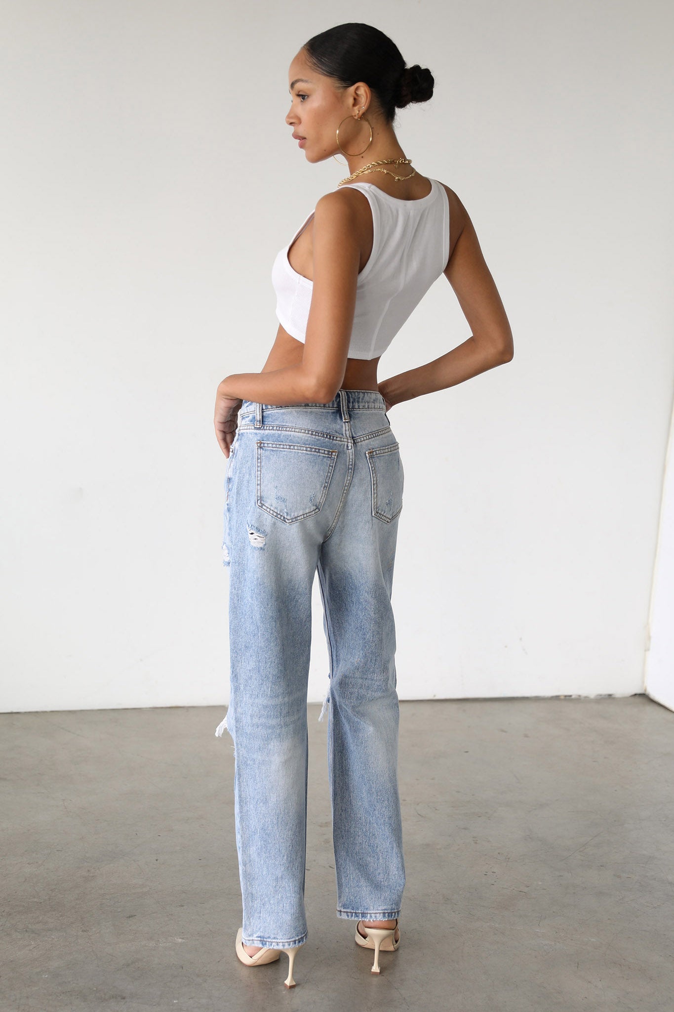 DOGMA High Rise Straight Leg Denim Jeans Distressed Light Wash by Selfie Leslie