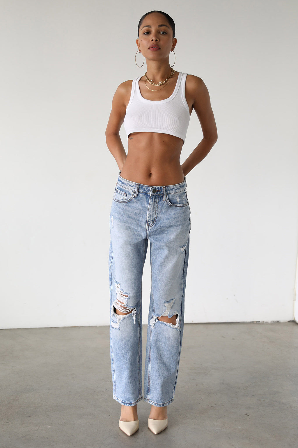 DOGMA High Rise Straight Leg Denim Jeans Distressed Light Wash by Selfie Leslie