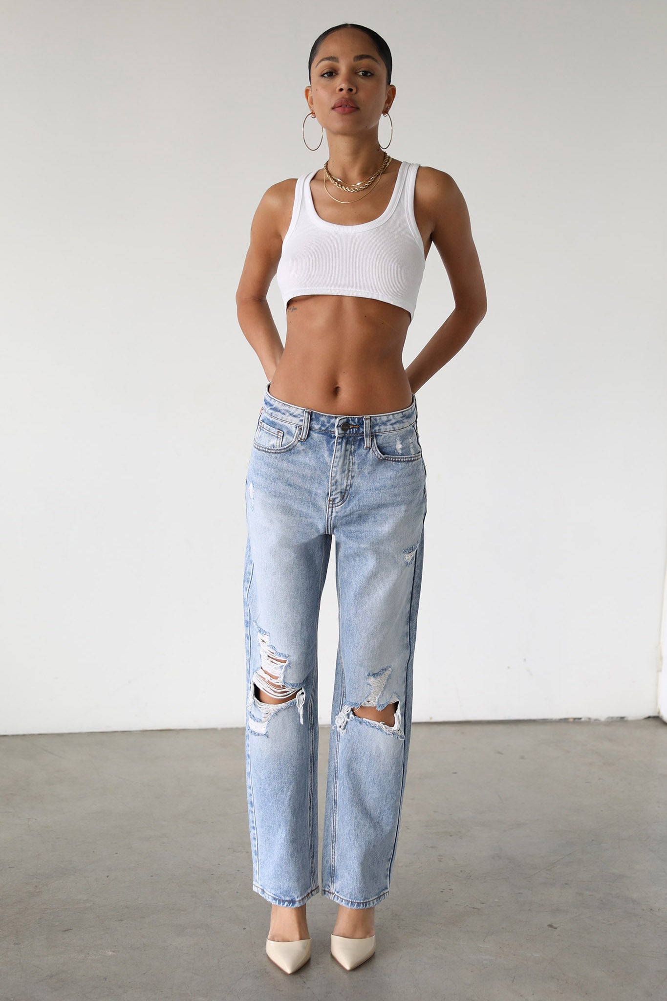 DOGMA High Rise Straight Leg Denim Jeans Distressed Light Wash by Selfie Leslie
