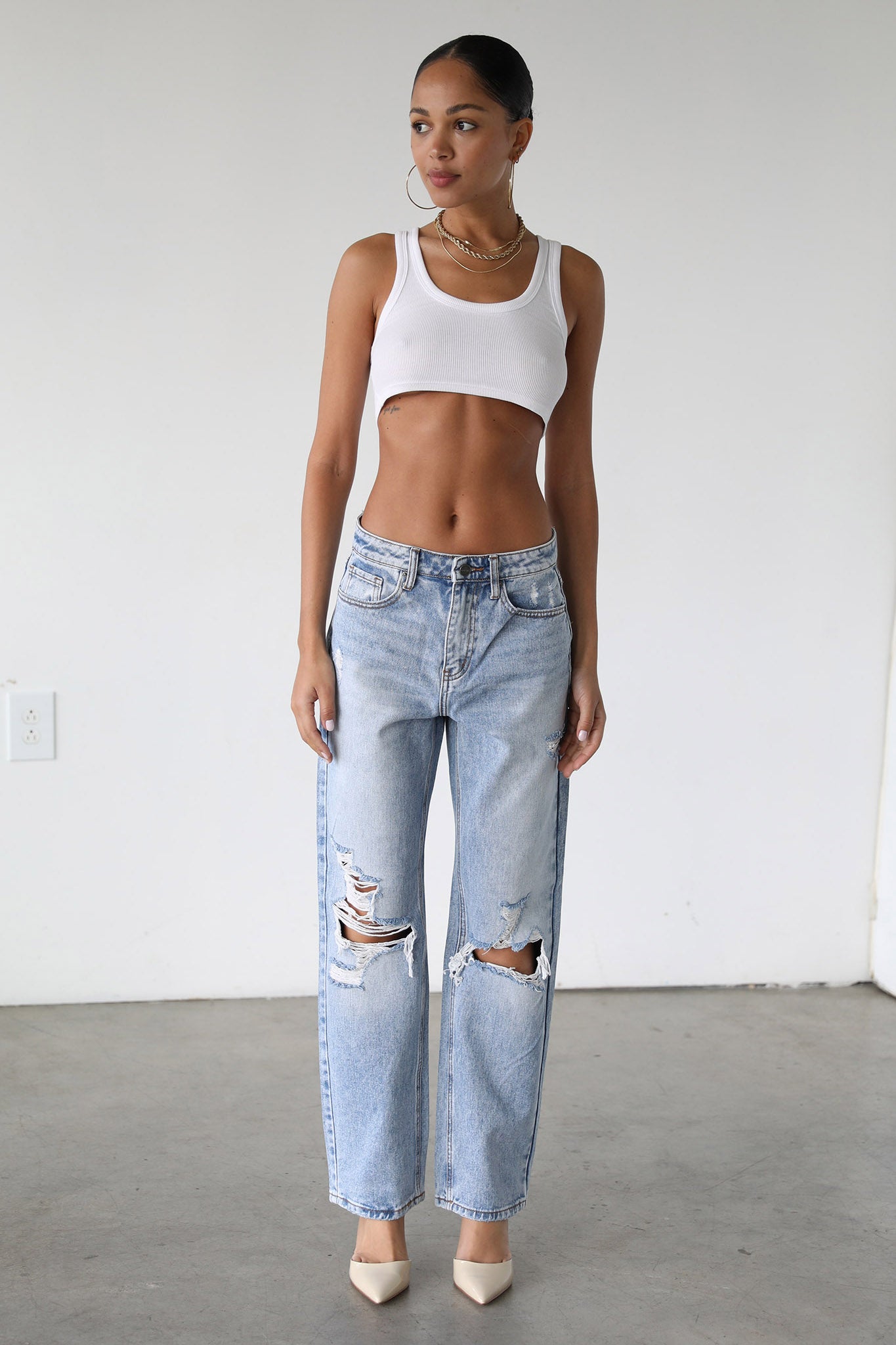 DOGMA High Rise Straight Leg Denim Jeans Distressed Light Wash by Selfie Leslie