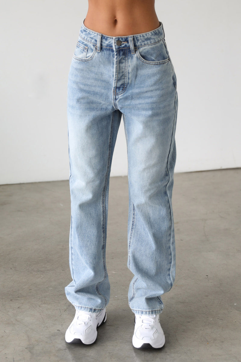 Shop the DOGMA Classic High Rise Straight Leg Denim Jeans Light Wash
