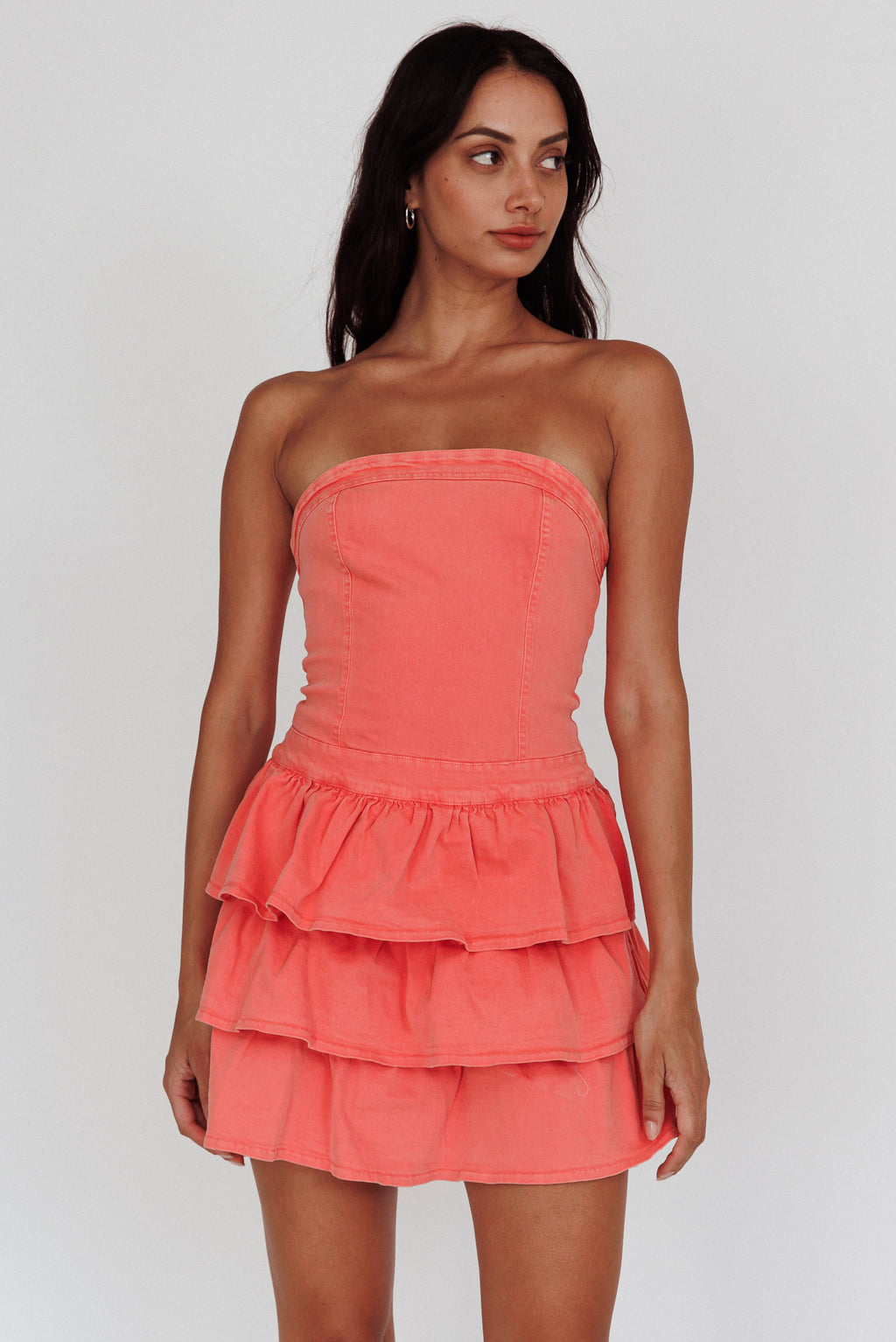 Philly Strapless Ruffle Mini Dress Sugar Coral by Selfie Leslie