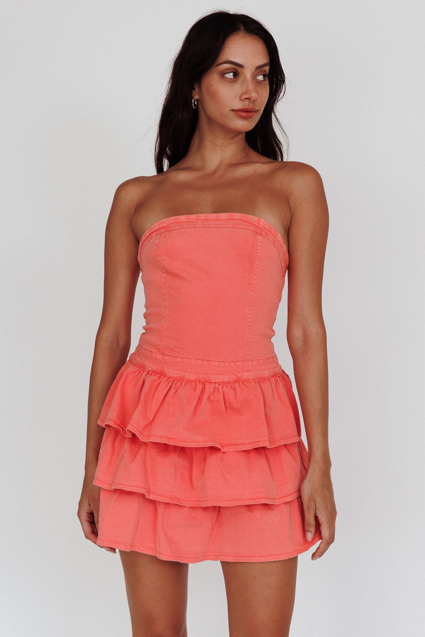 Philly Strapless Ruffle Mini Dress Sugar Coral by Selfie Leslie
