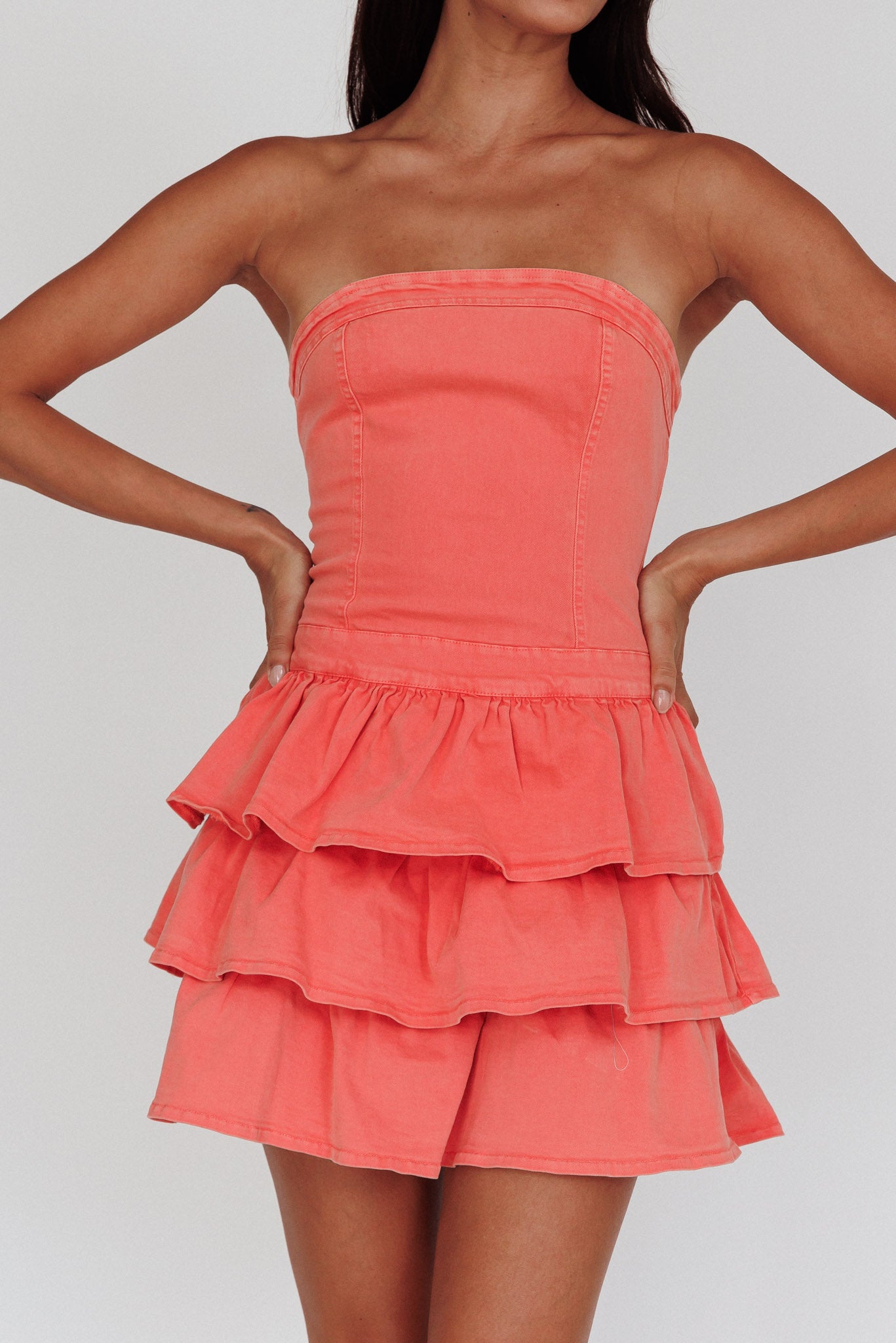 Philly Strapless Ruffle Mini Dress Sugar Coral by Selfie Leslie