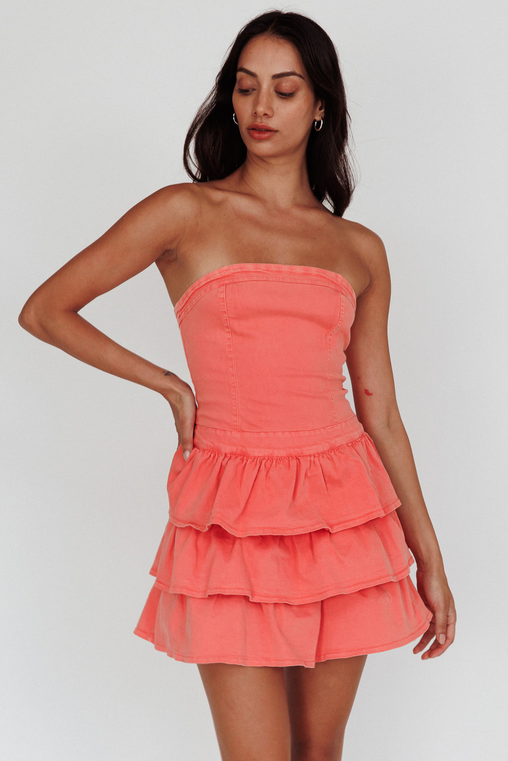 Philly Strapless Ruffle Mini Dress Sugar Coral by Selfie Leslie