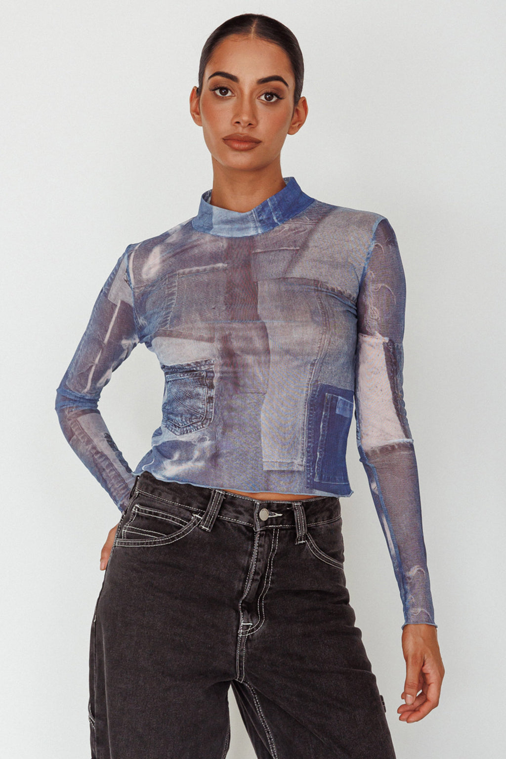Giza Long Sleeve Mock Neck Top Print Denim Multi by Selfie Leslie