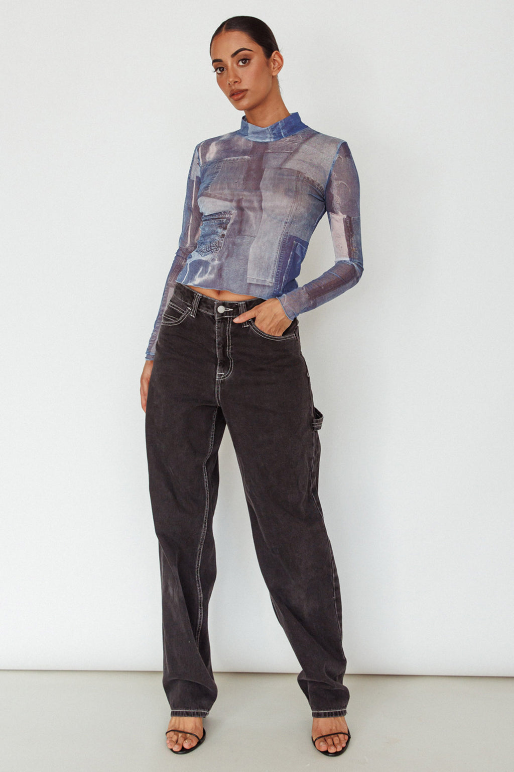 Giza Long Sleeve Mock Neck Top Print Denim Multi by Selfie Leslie