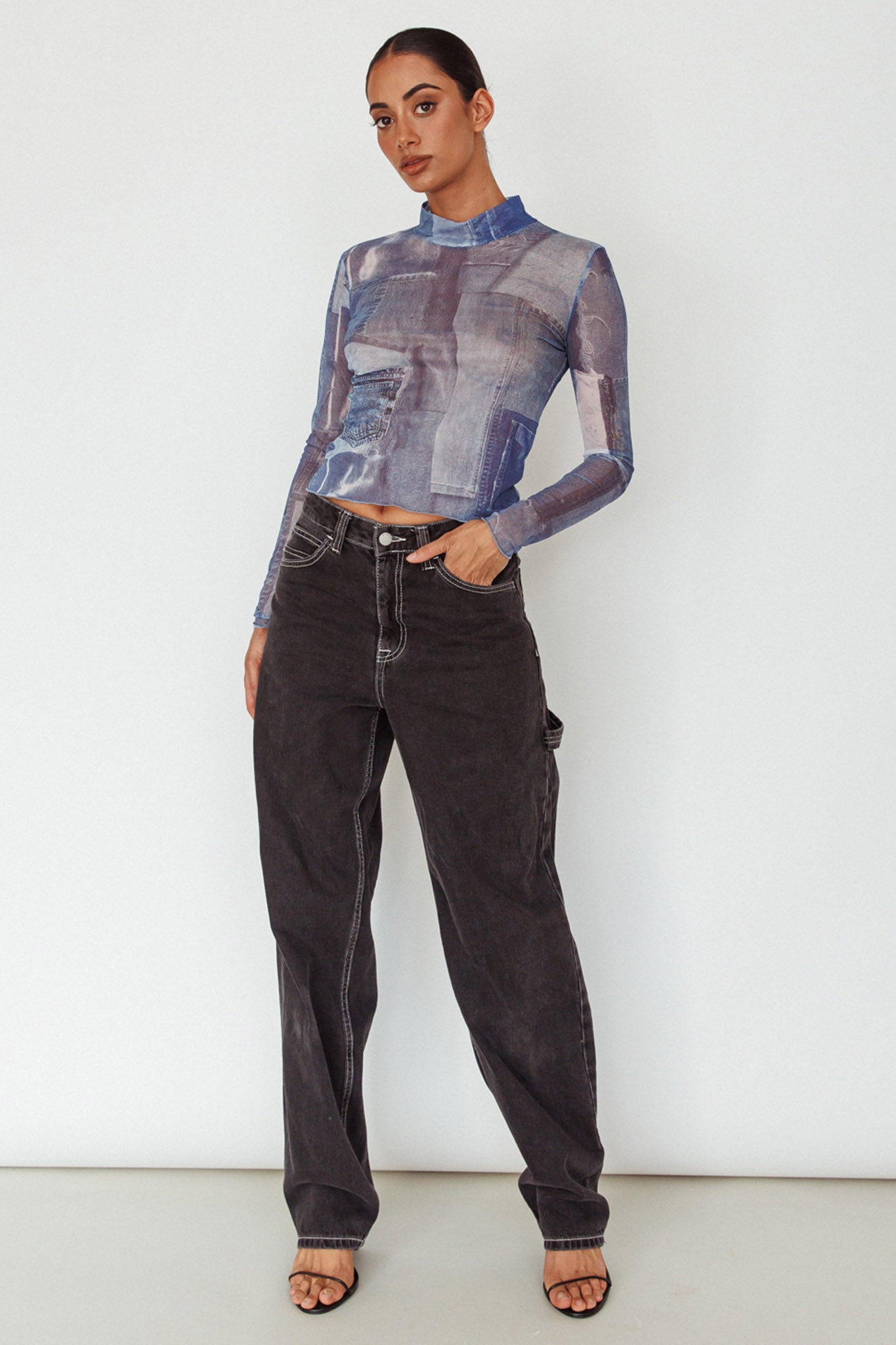 Giza Long Sleeve Mock Neck Top Print Denim Multi by Selfie Leslie