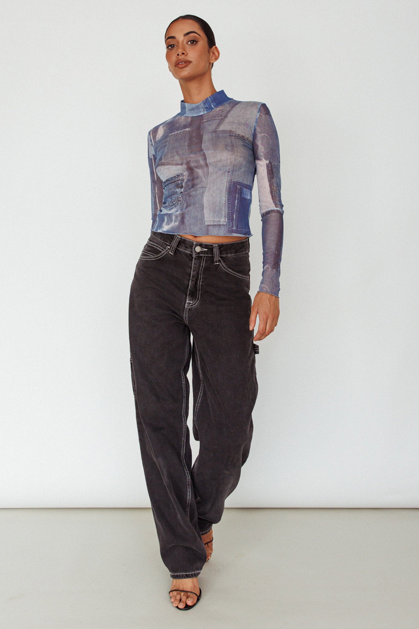 Giza Long Sleeve Mock Neck Top Print Denim Multi by Selfie Leslie