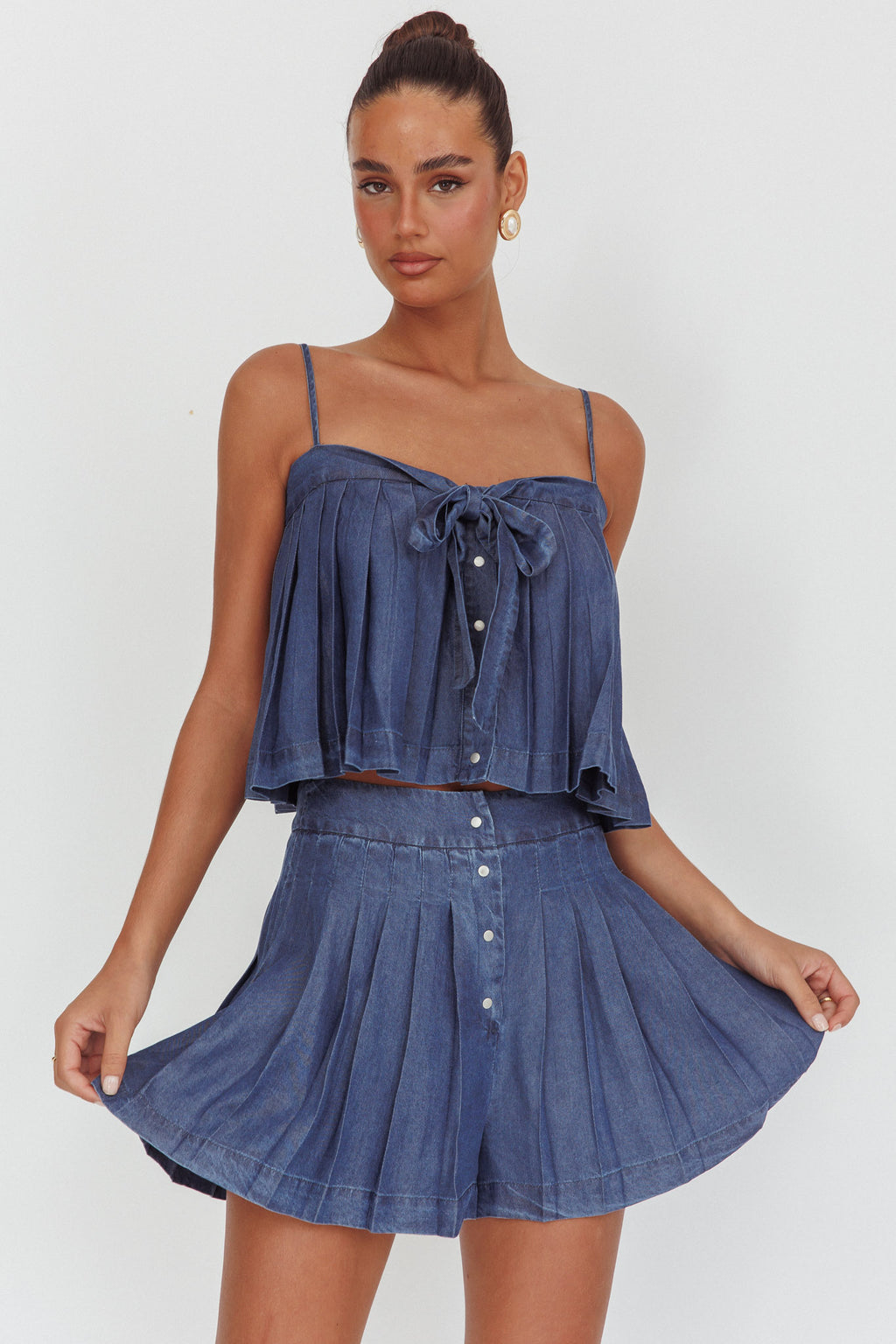 Country Girl Pleated High Waist Shorts Dark Denim by Selfie Leslie