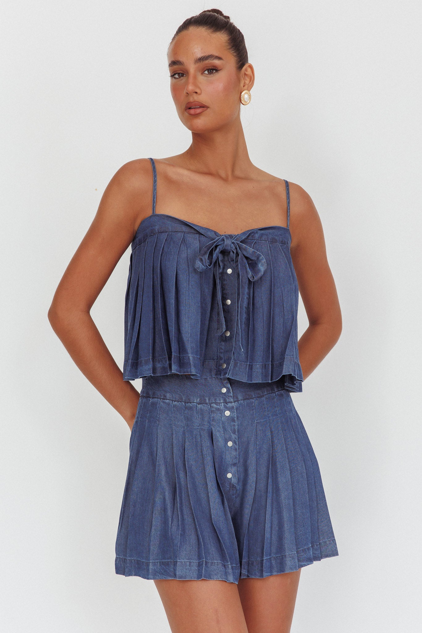 Country Girl Pleated High Waist Shorts Dark Denim by Selfie Leslie
