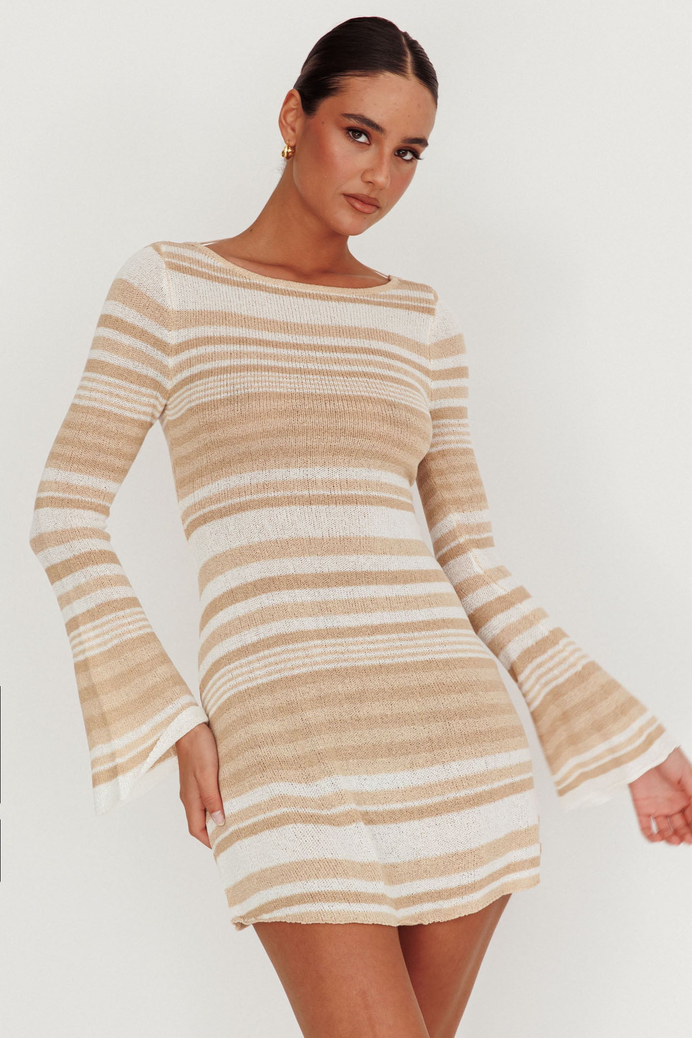 Sylvan Long Sleeve Knit Mini Dress Tan Multi | Selfie Leslie Sylvan Long Sleeve Knit Mini Dress Tan Multi | Selfie Leslie