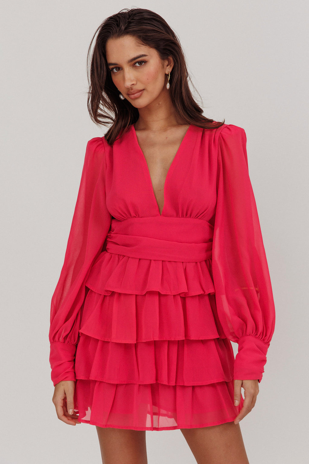 Dalisa Long Sleeve Ruffle Mini Dress Fuchsia by Selfie Leslie