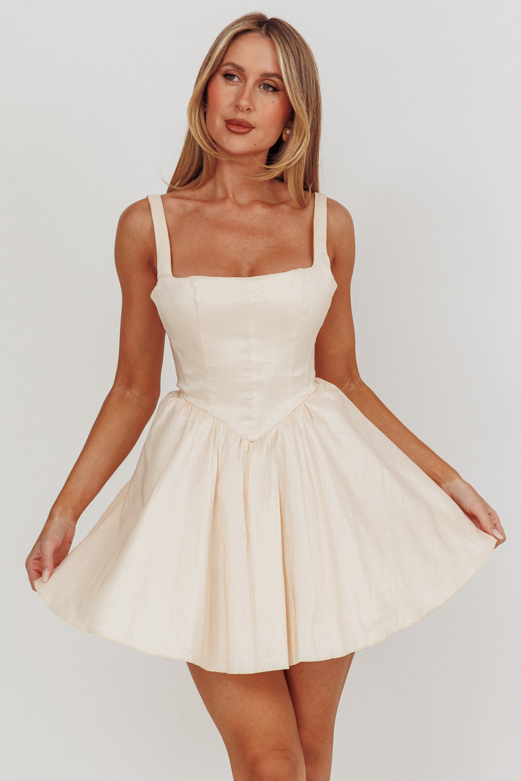 Found You Square Neck Flared Mini Dress Cream by Selfie Leslie