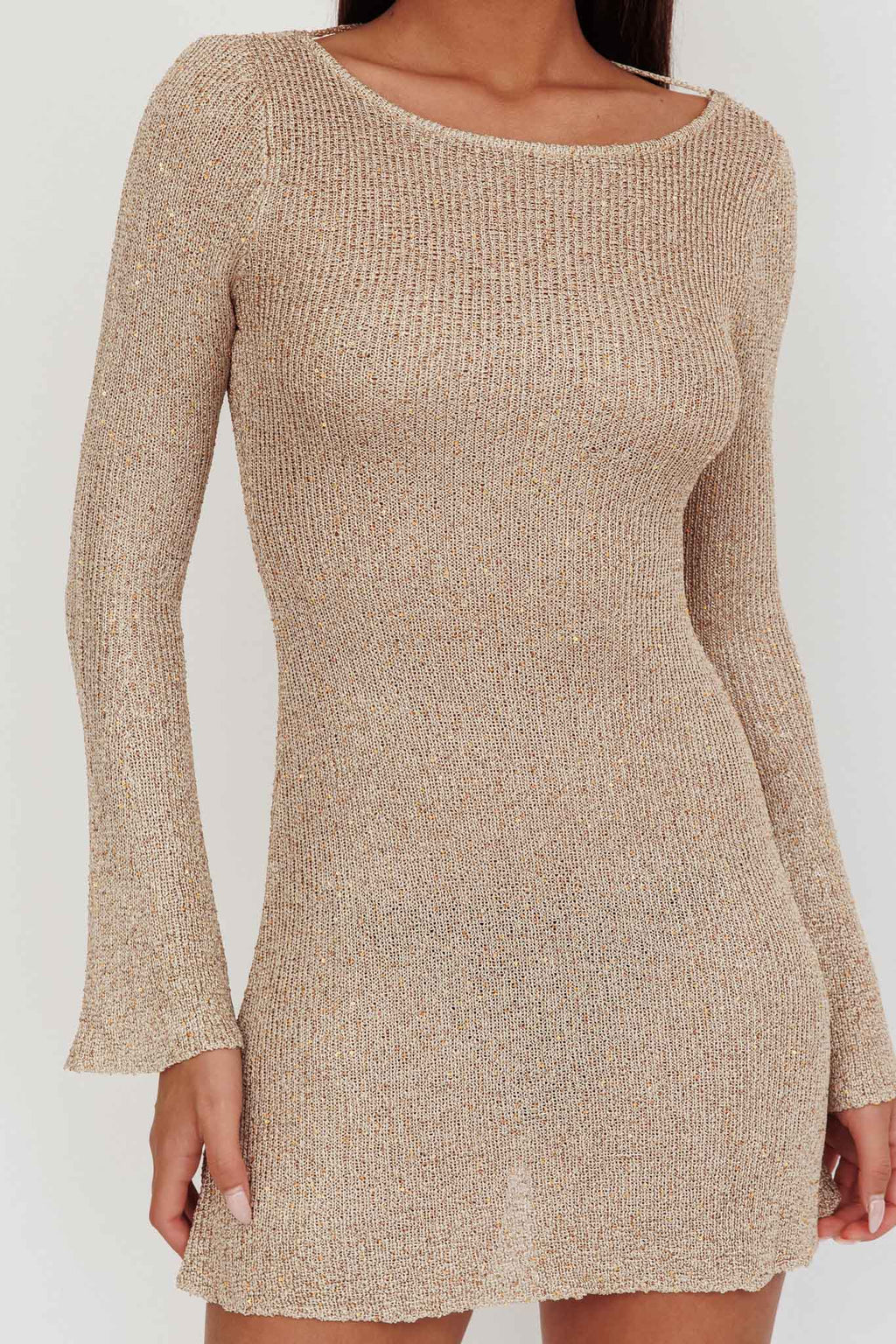 Cosmic Scoop Back Sequin Knit Mini Dress Gold by Selfie Leslie