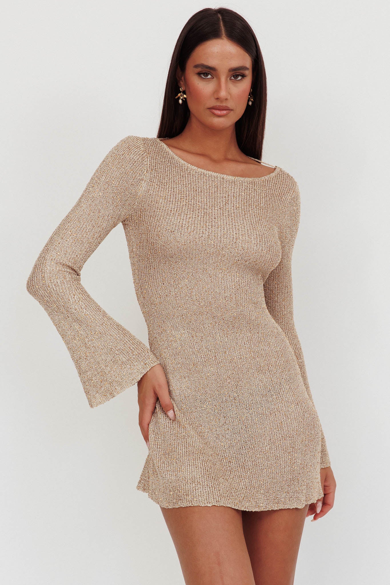 Cosmic Scoop Back Sequin Knit Mini Dress Gold by Selfie Leslie
