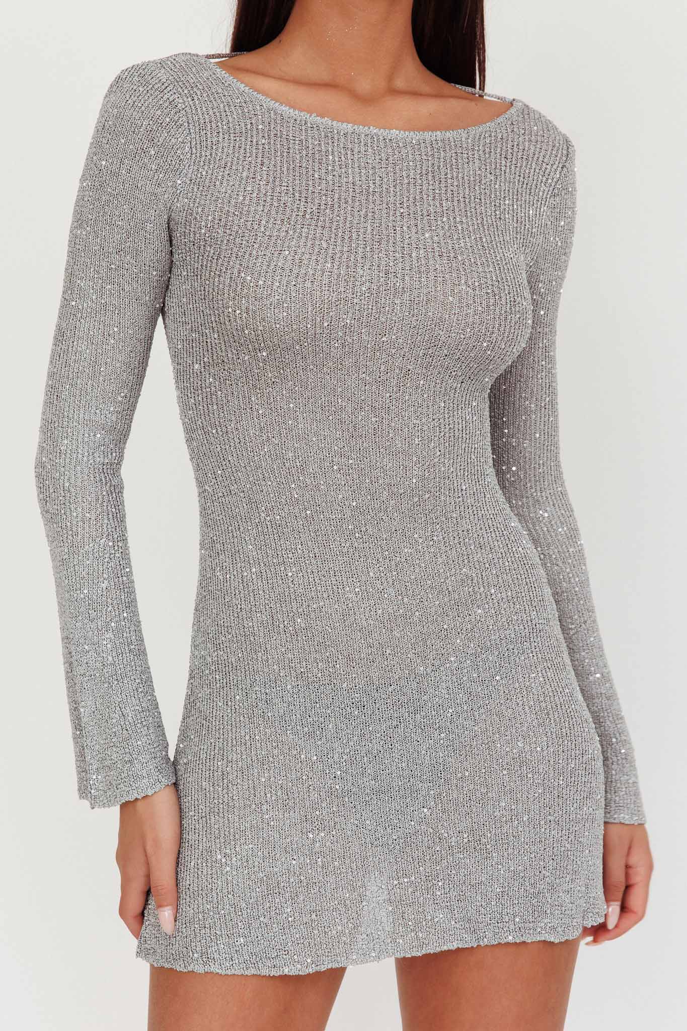 Cosmic Scoop Back Sequin Knit Mini Dress Silver by Selfie Leslie