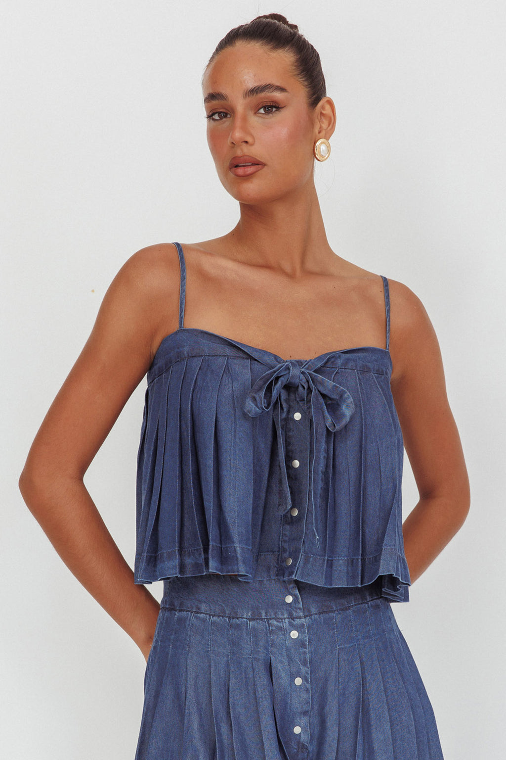 Country Girl Pleated Tie Top Dark Denim by Selfie Leslie