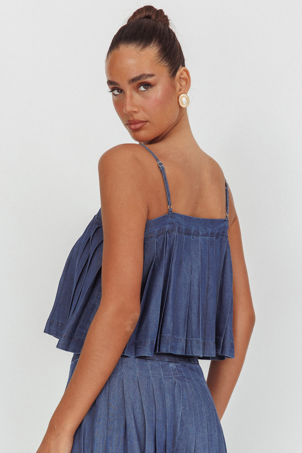 Country Girl Pleated Tie Top Dark Denim by Selfie Leslie