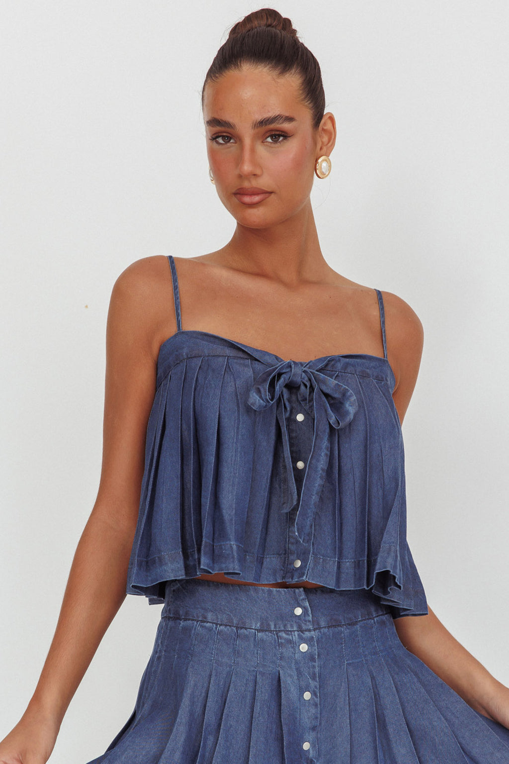 Country Girl Pleated Tie Top Dark Denim by Selfie Leslie