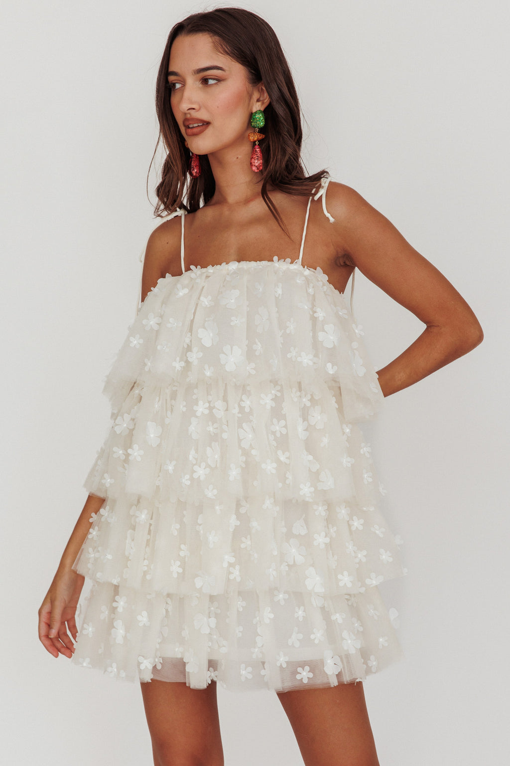Tomorrow Tiered Ruffle Mini Dress Cream by Selfie Leslie