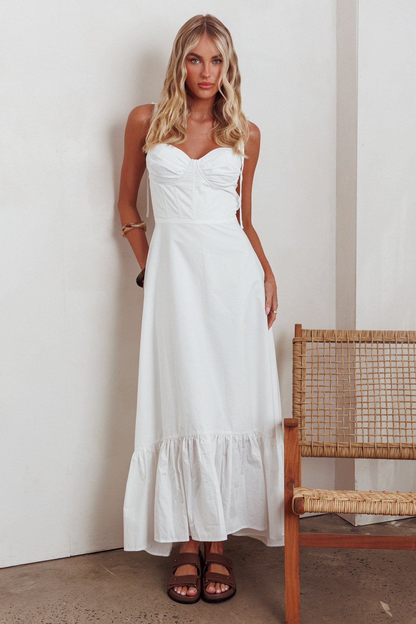 Anntonia Tied Shoulder Maxi Dress White by Selfie Leslie
