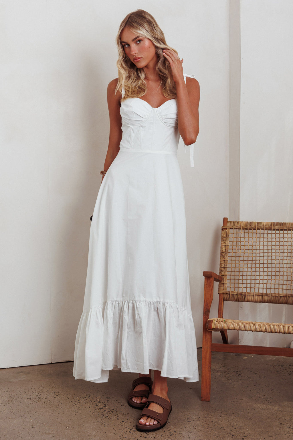 Anntonia Tied Shoulder Maxi Dress White by Selfie Leslie