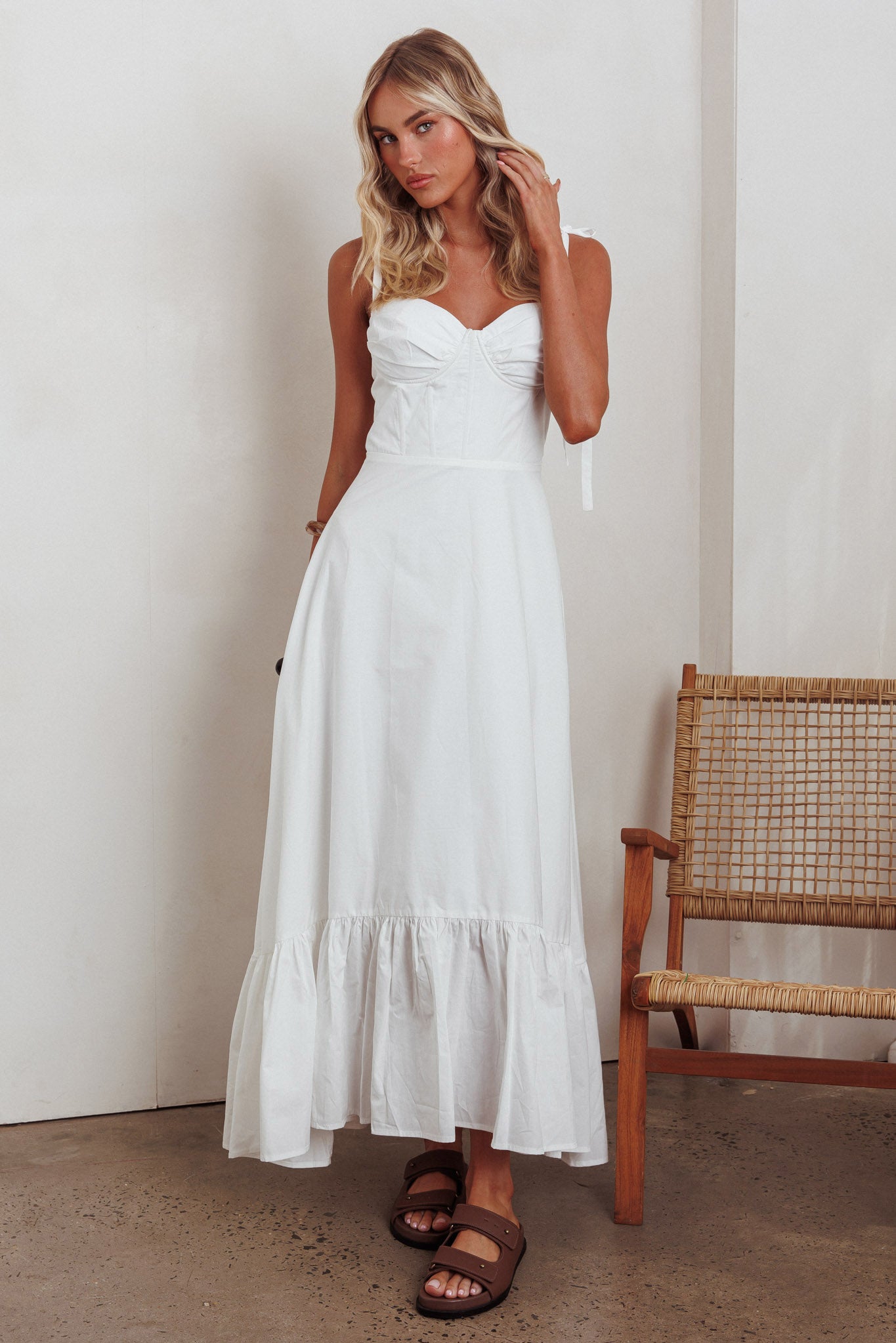 Anntonia Tied Shoulder Maxi Dress White by Selfie Leslie