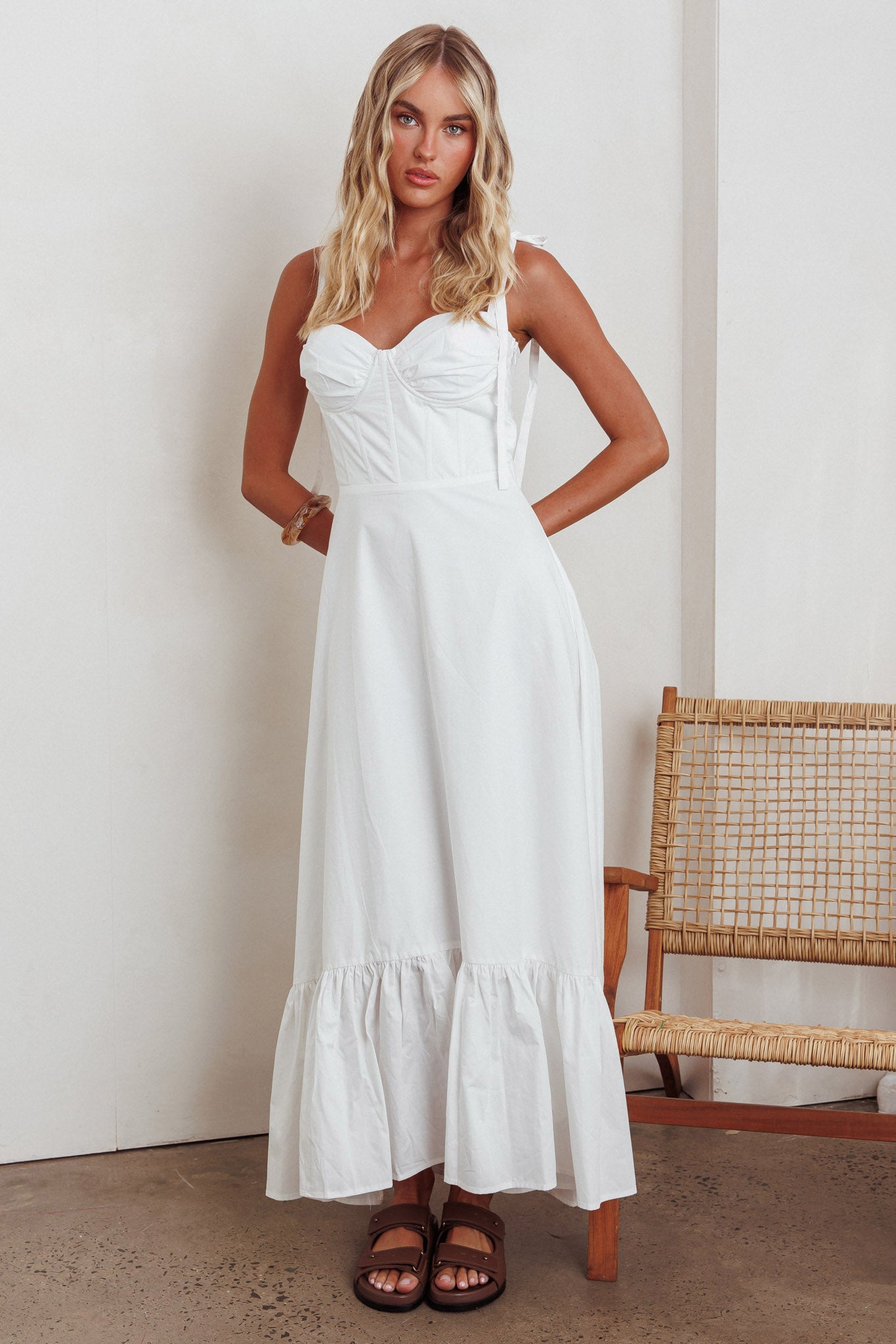 Anntonia Tied Shoulder Maxi Dress White by Selfie Leslie