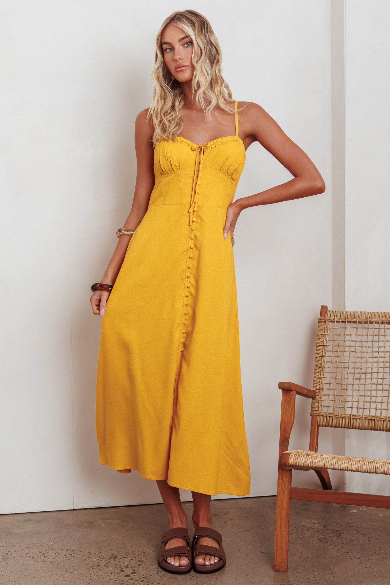 Back Together Button Front Midi Dress Marigold by Selfie Leslie