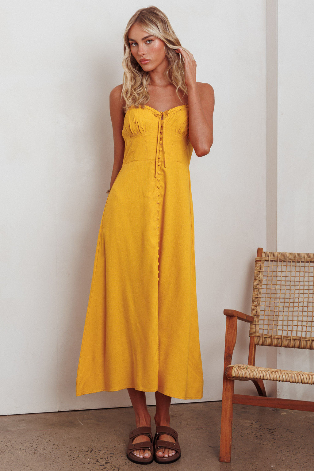 Back Together Button Front Midi Dress Marigold by Selfie Leslie